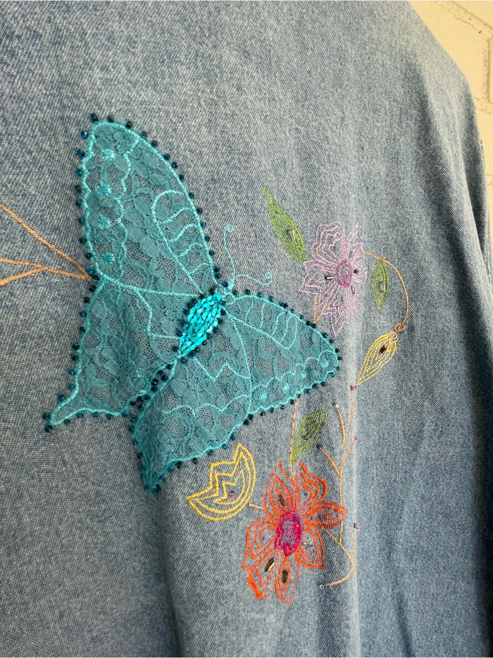 Tantrums Light Denim Jacket with Floral & Butterfly Embroidery, Beading, Sequins - Picture 3 of 6